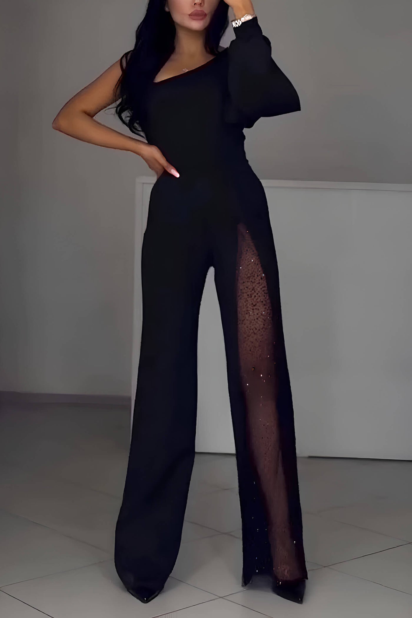 Artemis | Jumpsuit elegant cu un umăr, detaliu strălucitor